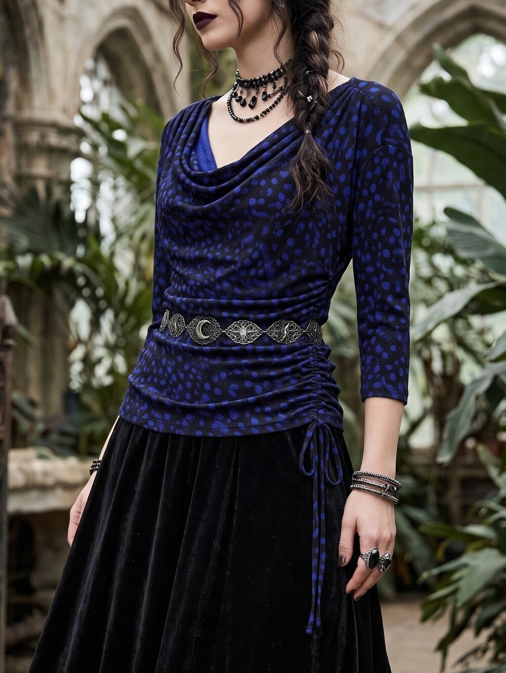 MK Dark Romance Ruched Cowl Neck Top Royal Blue Animal Print Mob Wife